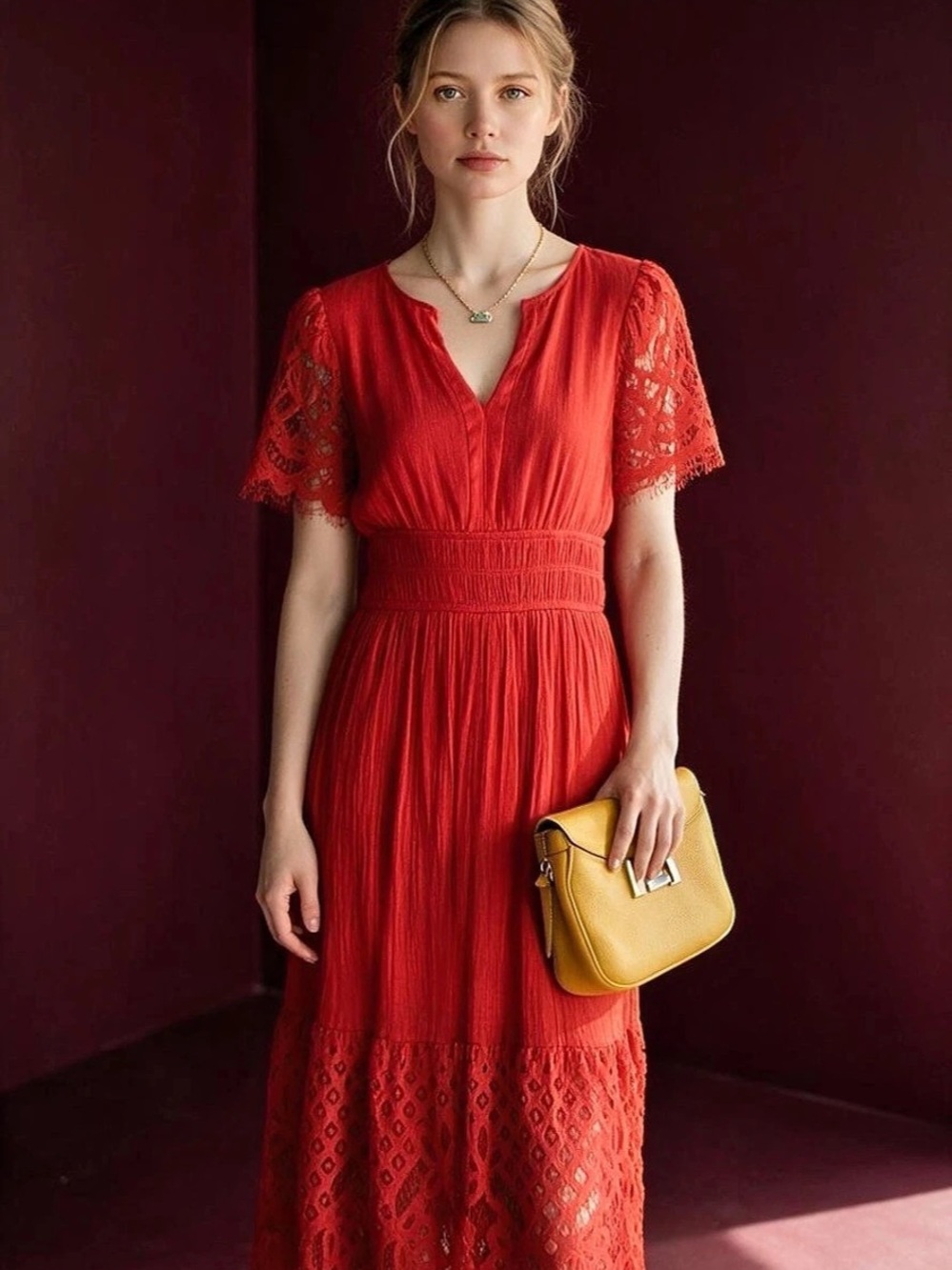 Red Lace Sleeve Maxi Dress